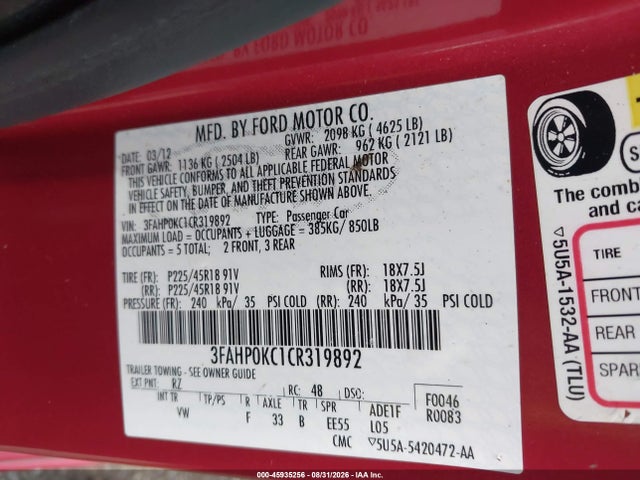 Продаж на аукціоні авто 2012 Ford Fusion Sport, vin: 3FAHP0KC1CR319892, номер лоту: 45935256