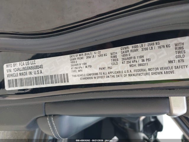 Продажа на аукционе авто 2022 Jeep Grand Cherokee L Limited 4x2, vin: 1C4RJJBG6N8608540, номер лота: 45935262