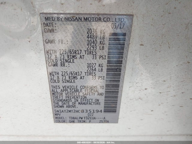 2017 Nissan Rogue S მანქანა იყიდება აუქციონზე, vin: 5N1AT2MT2HC835194, აუქციონის ნომერი: 45935281