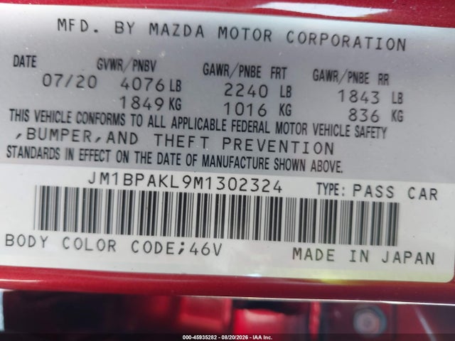 2021 Mazda Mazda3 Select მანქანა იყიდება აუქციონზე, vin: JM1BPAKL9M1302324, აუქციონის ნომერი: 45935282