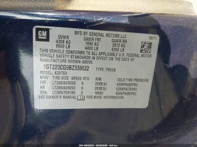 45935285 :رقم المزاد ، 1GT220CG9BZ338622 vin ، 2011 Gmc Sierra 2500hd Sle مزاد بيع