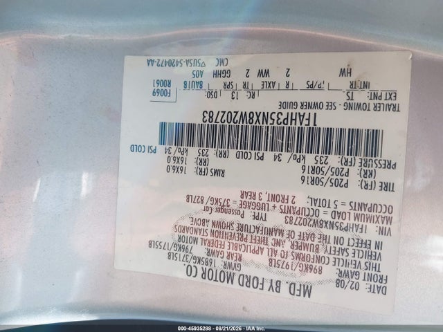 2008 Ford Focus Se/ses მანქანა იყიდება აუქციონზე, vin: 1FAHP35NX8W202783, აუქციონის ნომერი: 45935288