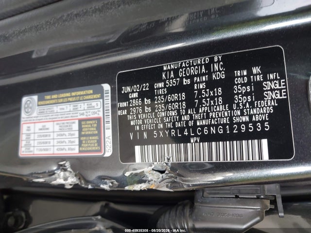 45935308 :رقم المزاد ، 5XYRL4LC6NG129535 vin ، 2022 Kia Sorento S مزاد بيع