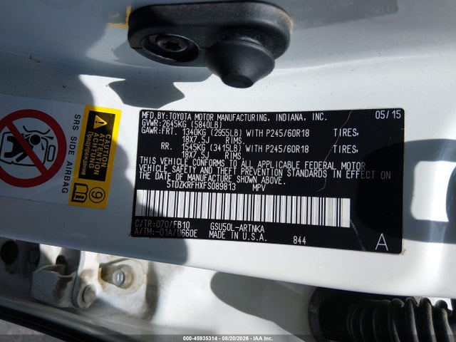 Toyota Highlander Le V6 2015 5TDZKRFHXFS089813 Image 9