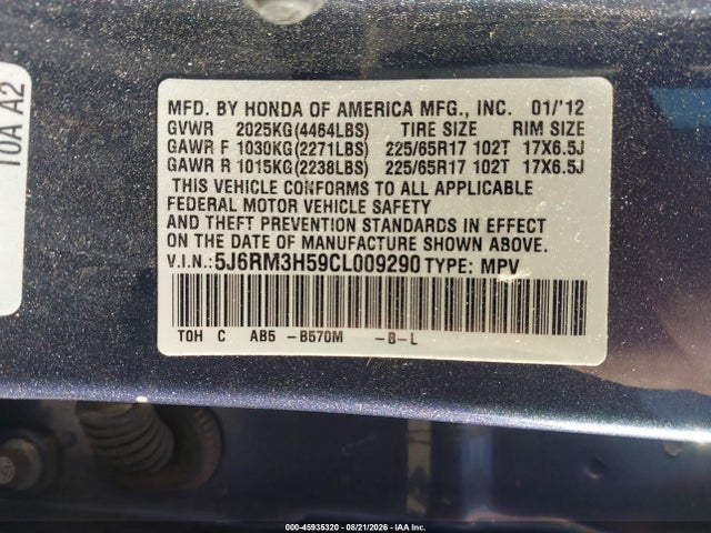 Продаж на аукціоні авто 2012 Honda Cr-v Ex, vin: 5J6RM3H59CL009290, номер лоту: 45935320