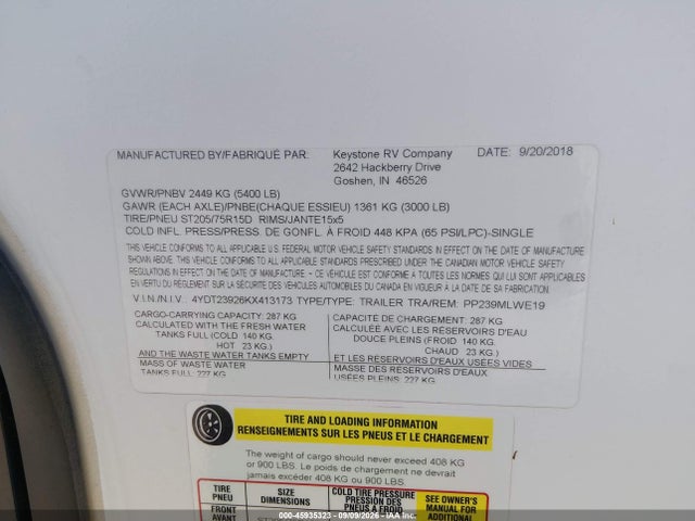 Aukcja sprzedaży 2019 Keystone R 199mlwe, vin: 4YDT23926KX413173, numer aukcji: 45935323