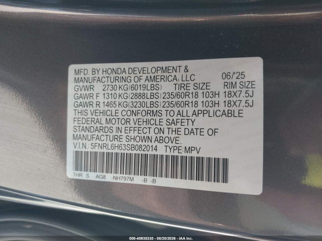 Honda Odyssey Ex-l 2025 5FNRL6H63SB082014 Image 9