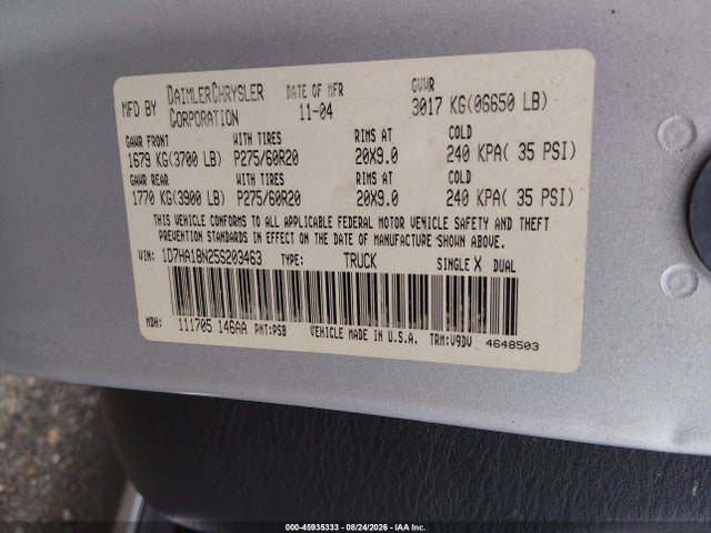 45935333 :رقم المزاد ، 1D7HA18N25S203463 vin ، 2005 Dodge Ram 1500 Slt/laramie مزاد بيع