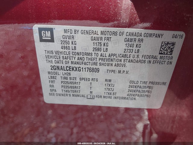 2016 Chevrolet Equinox Lt მანქანა იყიდება აუქციონზე, vin: 2GNALCEKXG1176809, აუქციონის ნომერი: 45935335