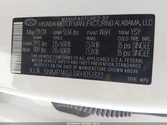 Продаж на аукціоні авто 2024 Hyundai Santa Fe Se, vin: 5NMP14GL0RH051322, номер лоту: 45935339