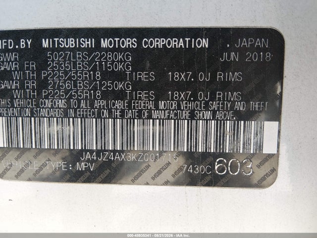 2019 Mitsubishi Outlander Gt მანქანა იყიდება აუქციონზე, vin: JA4JZ4AX3KZ001715, აუქციონის ნომერი: 45935341