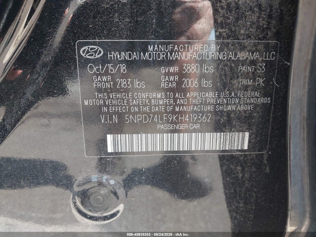2019 Hyundai Elantra Se მანქანა იყიდება აუქციონზე, vin: 5NPD74LF9KH419362, აუქციონის ნომერი: 45935353