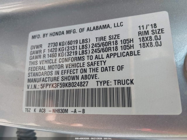 Aukcja sprzedaży 2019 Honda Ridgeline Rtl, vin: 5FPYK3F59KB024827, numer aukcji: 45935355