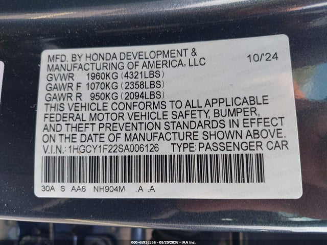 Aukcja sprzedaży 2025 Honda Accord Lx, vin: 1HGCY1F22SA006126, numer aukcji: 45935356