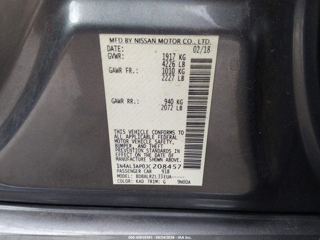 Aukcja sprzedaży 2018 Nissan Altima 2.5 Sl, vin: 1N4AL3AP0JC208457, numer aukcji: 45935361