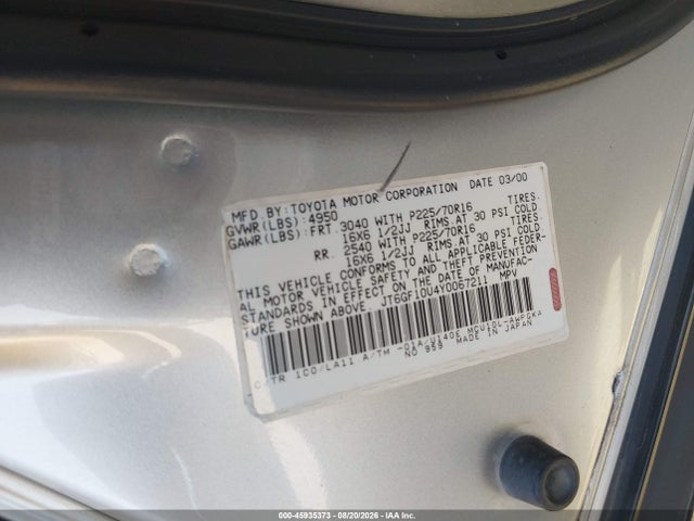 45935373 :رقم المزاد ، JT6GF10U4Y0067211 vin ، 2000 Lexus Rx 300 مزاد بيع