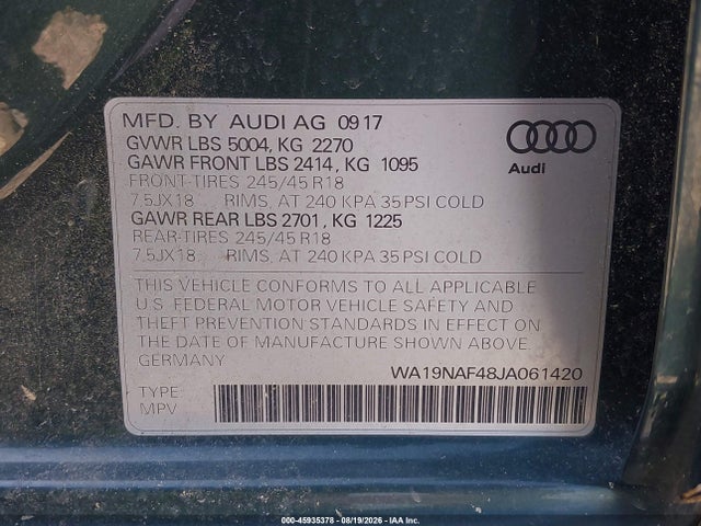 2018 Audi A4 Allroad 2.0t Premium/2.0t Tech Premium მანქანა იყიდება აუქციონზე, vin: WA19NAF48JA061420, აუქციონის ნომერი: 45935378