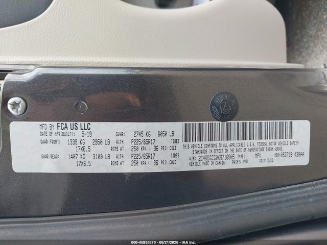 Aukcja sprzedaży 2019 Dodge Grand Caravan Sxt, vin: 2C4RDGCG0KR716905, numer aukcji: 45935379