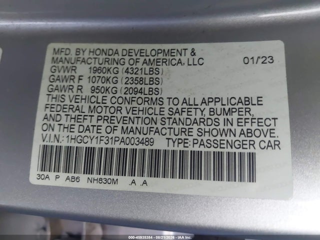 Aukcja sprzedaży 2023 Honda Accord Ex, vin: 1HGCY1F31PA003489, numer aukcji: 45935384