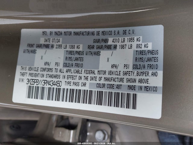 Aukcja sprzedaży 2024 Mazda Mazda3 2.5 Carbon Turbo, vin: 3MZBPBXY3RM434450, numer aukcji: 45935393