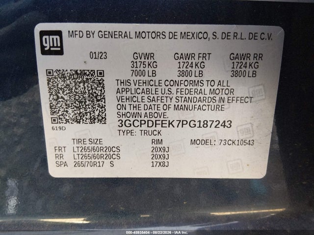 Aukcja sprzedaży 2023 Chevrolet Silverado 1500 4wd  Short Bed Lt Trail Boss, vin: 3GCPDFEK7PG187243, numer aukcji: 45935404
