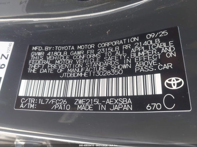 2026 Toyota Corolla Hybrid Hybrid Se მანქანა იყიდება აუქციონზე, vin: JTDBDMHE1T3028350, აუქციონის ნომერი: 45935415