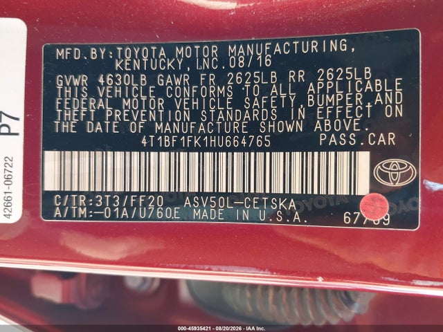 4T1BF1FK1HU664765 Toyota CAMRY SE