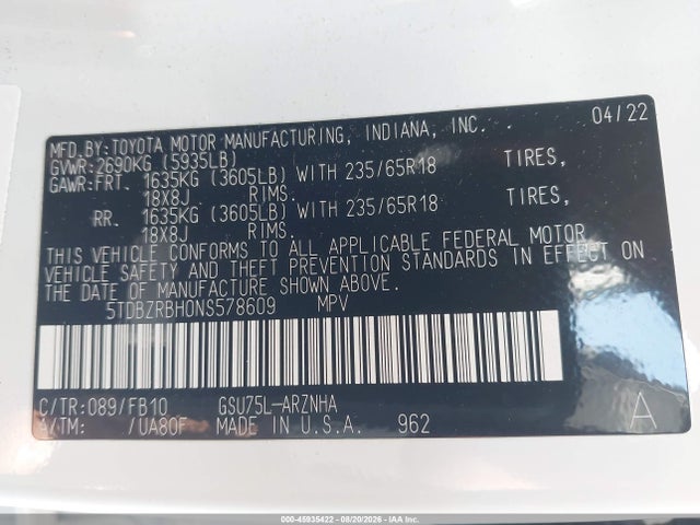 2022 Toyota Highlander Le მანქანა იყიდება აუქციონზე, vin: 5TDBZRBH0NS578609, აუქციონის ნომერი: 45935422