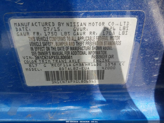 Продаж на аукціоні авто 2016 Nissan Versa 1.6 Sv, vin: 3N1CN7APXGL806561, номер лоту: 45935438