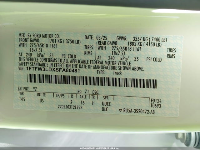 Продаж на аукціоні авто 2025 Ford F-150 Xlt, vin: 1FTFW3LDXSFA80481, номер лоту: 45935451