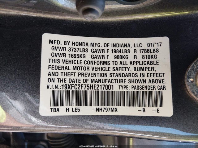 45935467 :رقم المزاد ، 19XFC2F75HE217001 vin ، 2017 Honda Civic Ex مزاد بيع