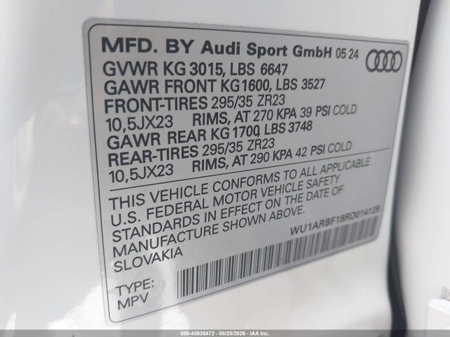 Продаж на аукціоні авто 2024 Audi Rs Q8 Tfsi Quattro Tiptronic, vin: WU1ARBF18RD014128, номер лоту: 45935472