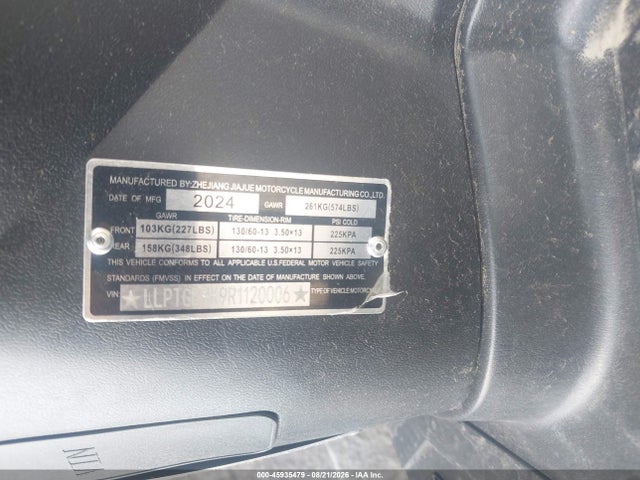 45935479 :رقم المزاد ، LLPTGLHK9R1120006 vin ، 2024 Jiajue Jj200t مزاد بيع