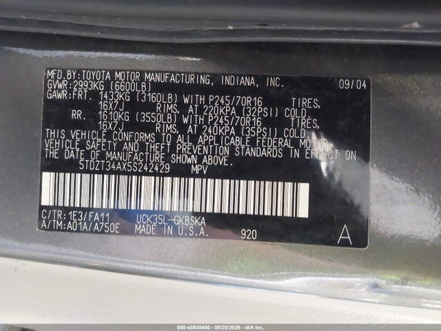 Продажа на аукционе авто 2005 Toyota Sequoia Sr5 V8, vin: 5TDZT34AX5S242429, номер лота: 45935480