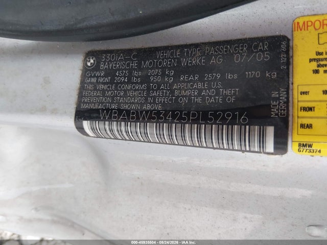 2005 Bmw 330ci მანქანა იყიდება აუქციონზე, vin: WBABW53425PL52916, აუქციონის ნომერი: 45935504