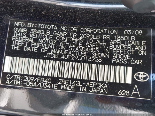 Aukcja sprzedaży 2009 Toyota Corolla Le, vin: JTDBL40E29J013228, numer aukcji: 45935519