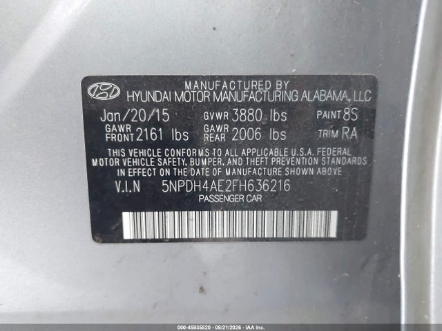 2015 Hyundai Elantra Se მანქანა იყიდება აუქციონზე, vin: 5NPDH4AE2FH636216, აუქციონის ნომერი: 45935520
