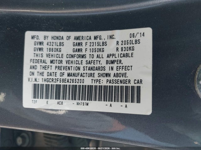 2014 Honda Accord Sport მანქანა იყიდება აუქციონზე, vin: 1HGCR2F59EA265200, აუქციონის ნომერი: 45935528