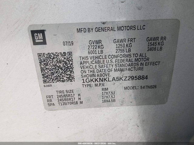 45935536 :رقم المزاد ، 1GKKNKLA5KZ295884 vin ، 2019 Gmc Acadia Sle-1 مزاد بيع