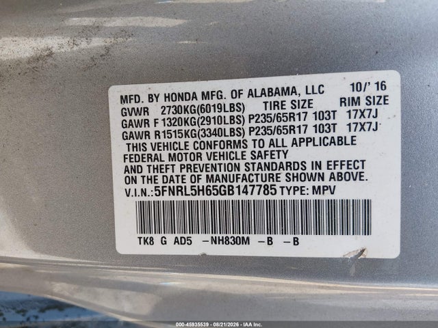 Aukcja sprzedaży 2016 Honda Odyssey Ex-l, vin: 5FNRL5H65GB147785, numer aukcji: 45935539