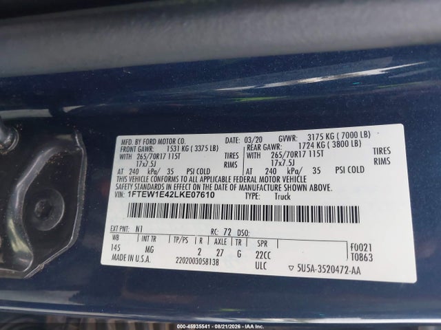 45935541 :رقم المزاد ، 1FTEW1E42LKE07610 vin ، 2020 Ford F-150 Xlt مزاد بيع
