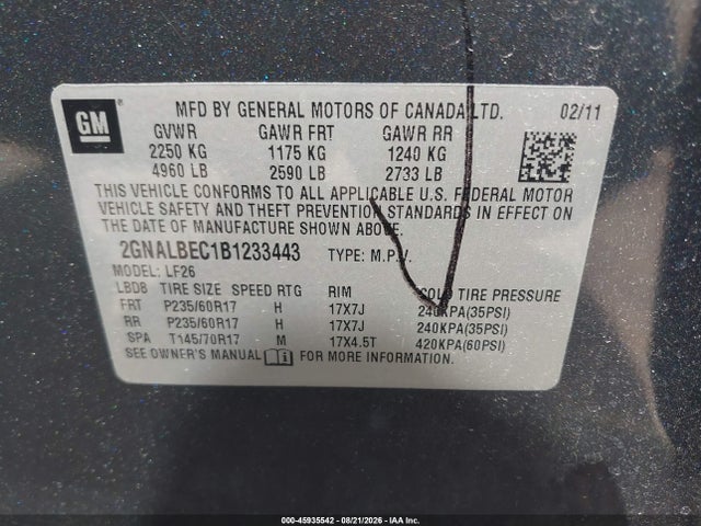 Продаж на аукціоні авто 2011 Chevrolet Equinox Ls, vin: 2GNALBEC1B1233443, номер лоту: 45935542