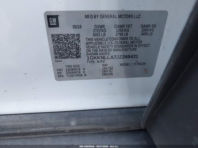 Продаж на аукціоні авто 2018 Gmc Acadia Sle-2, vin: 1GKKNLLA7JZ249431, номер лоту: 45935549