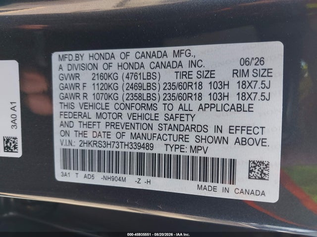 2HKRS3H73TH339489 Honda Cr-v Ex-l 2wd