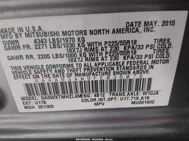 Продаж на аукціоні авто 2015 Mitsubishi Outlander Sport Es, vin: 4A4AR3AW9FE036076, номер лоту: 45935555