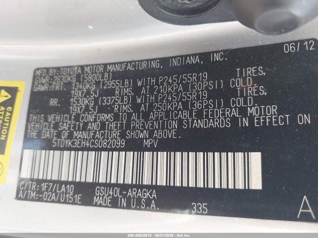 2012 Toyota Highlander Limited V6 მანქანა იყიდება აუქციონზე, vin: 5TDYK3EH4CS082099, აუქციონის ნომერი: 45935570
