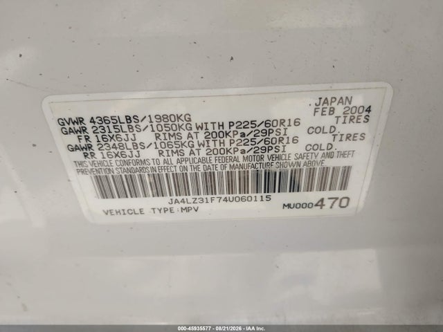 45935577 :رقم المزاد ، JA4LZ31F74U060115 vin ، 2004 Mitsubishi Outlander Ls مزاد بيع