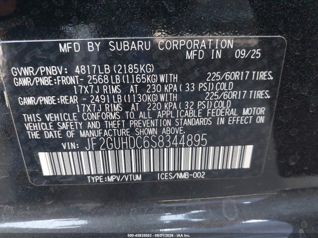 2025 Subaru Crosstrek Premium მანქანა იყიდება აუქციონზე, vin: JF2GUHDC6S8344895, აუქციონის ნომერი: 45935582