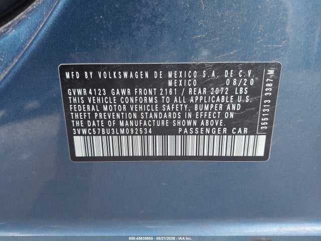 Продажа на аукционе авто 2020 Volkswagen Jetta 1.4t R-line/1.4t S/1.4t Se, vin: 3VWC57BU3LM092534, номер лота: 45935605