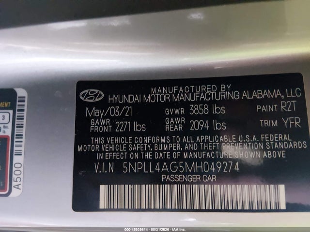45935614 :رقم المزاد ، 5NPLL4AG5MH049274 vin ، 2021 Hyundai Elantra Se مزاد بيع